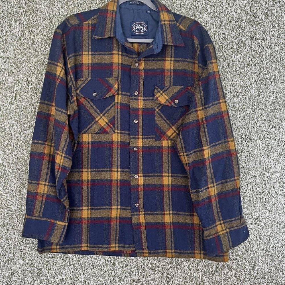 Alpine Trail Shirt Mens Large Vintage Blue Mustard Plaid Rustic Outdoor Casual